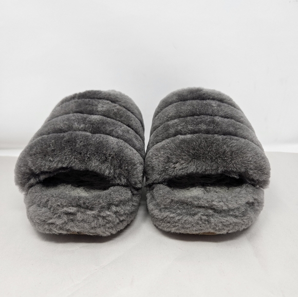 Ugg Womens Fur Slide Gray Fluff Yeah Sz 6 Sheepskin Elastic Heel Logo - Picture 2 of 12